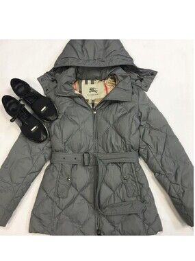 Burberry Goose Down Grey Quilted Belted Women's Jacket - S